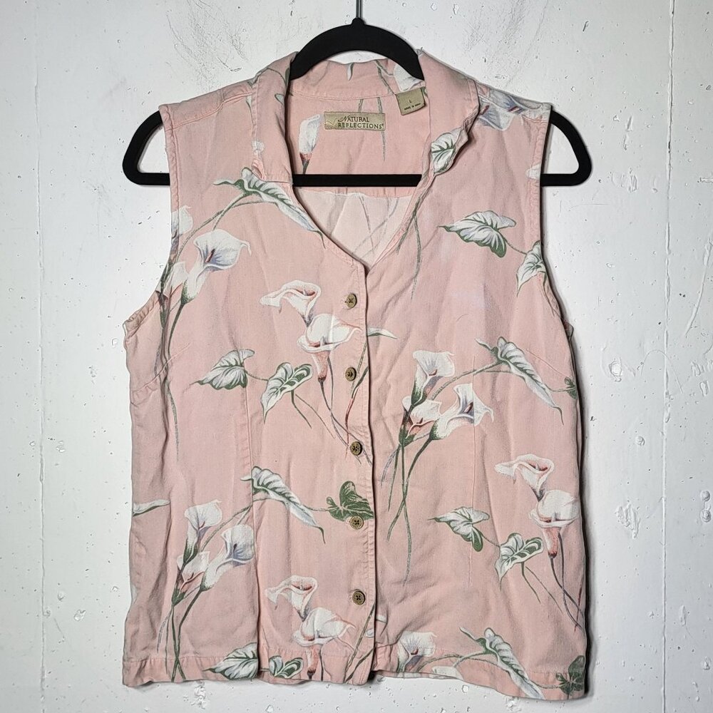 Natural‎ Reflections Womens Pink Floral Sleeveless Button Up Shirt Size Large